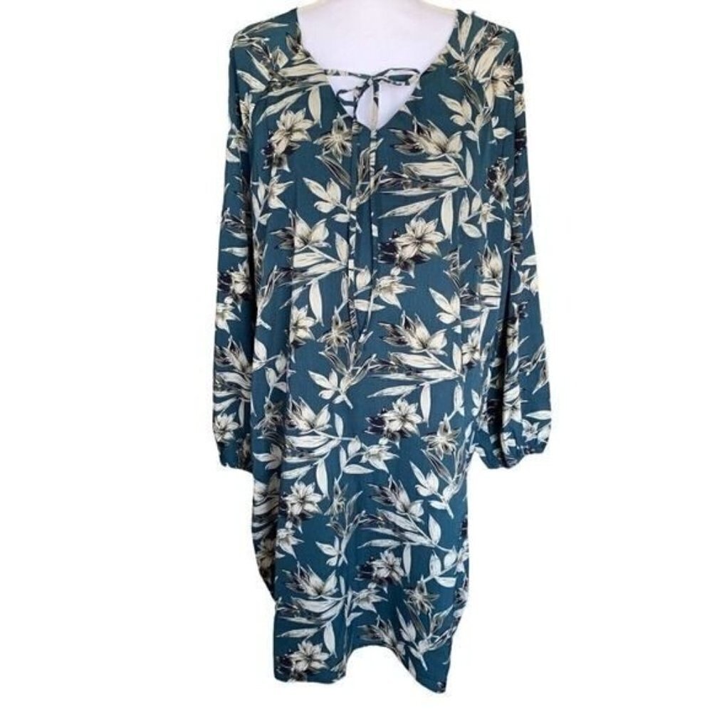 Love Sadie Dress Size XL Teal Floral Long Sleeve Elastic Wrist Lined